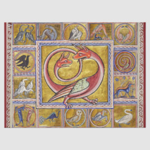 PAPEL DE SEDA BESTIÁRIO MÉDIO ESTRANHO,DRAGÃO COBRA,ANIMAL FLORE