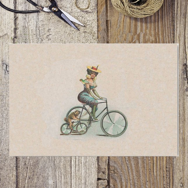 Papel De Seda Bicicleta Dog Vitage Victorian (Victorian lady riding bicycle beside her bulldog also on bike on tan wrapping tissue paper.)
