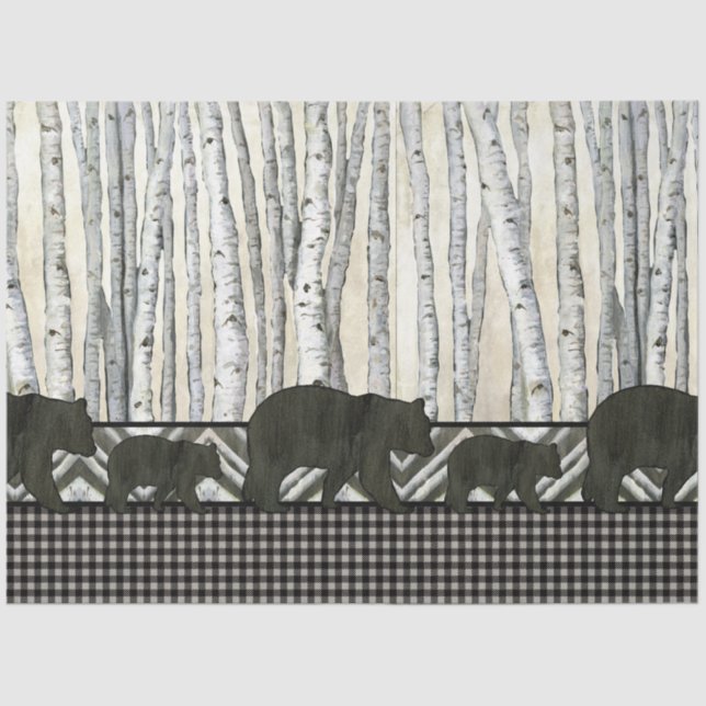 Papel De Seda Birch Tree Black Bear Rustic Decoupage  (Frente )