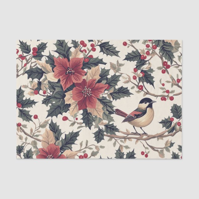 Papel De Seda Bird on a Branch with Berries and Poinsettias (Frente )