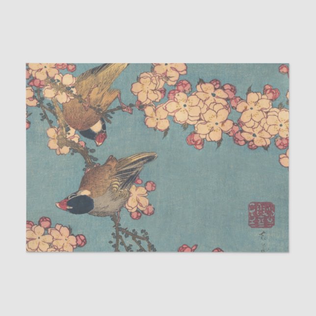 Papel De Seda Birds Flowers Hokusai Art Japonês (Frente )