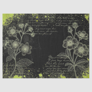 Papel De Seda Black & Green Hand-Drawn Floral Script Decoupage