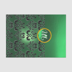 Papel De Seda BLACK JADE GREEN DAMASK GEMSTONE MONOGRAM Floral