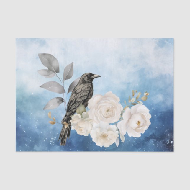 Papel De Seda Black Raven White Flowers Blue Background (Frente )