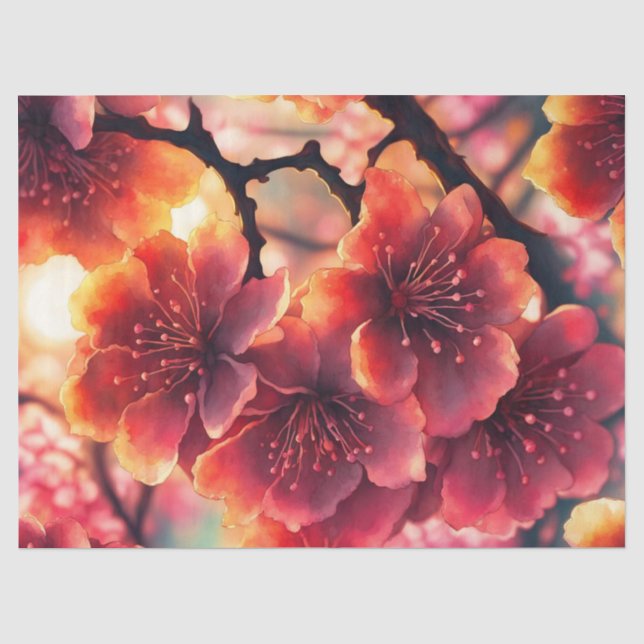 Papel De Seda Blossomas de Cereja Rosa-Cor-de-Água Whimsical (Frente )