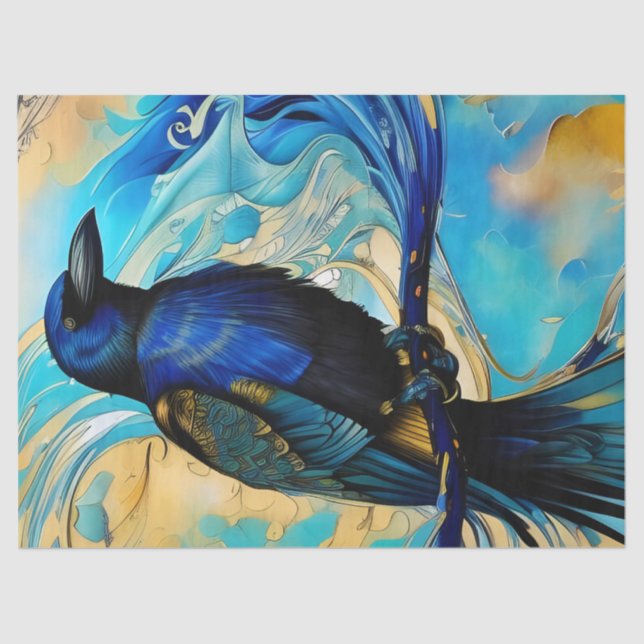 Papel De Seda Blue Black Raven em abstrato azul e dourado (Frente )