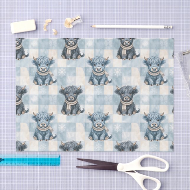 Papel De Seda Blue Checkered Highland Cow Cute (Arte )