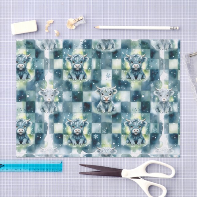Papel De Seda Blue Checkered Highland Cow Snow Winter (Arte )
