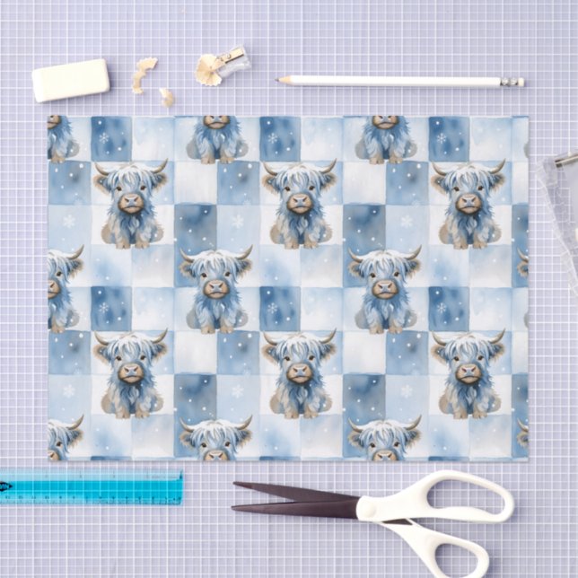 Papel De Seda Blue Checkered Highland Cow Snowflake Winter (Arte )