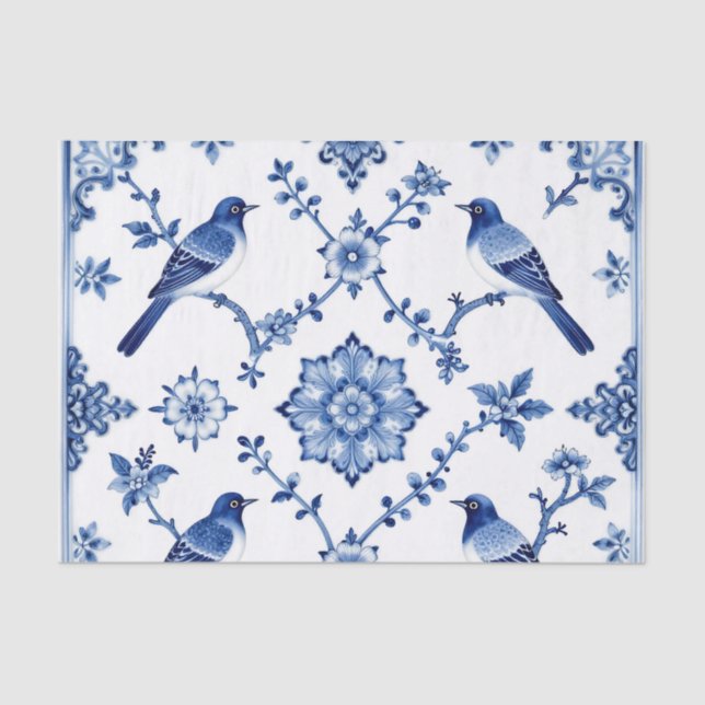 Papel De Seda Blue Chinoiserie Bird Floral Pattern (Frente )