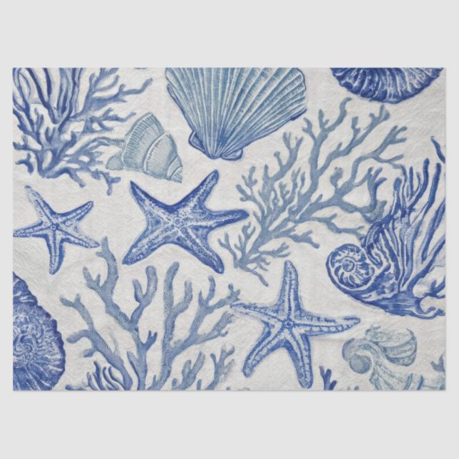Papel De Seda Blue Coastal Toile Seashell Coral Pattern (Frente )