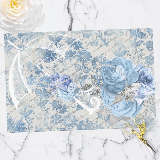 Papel De Seda Blue Damask Ephemera Floral Country Chic (Criador carregado)