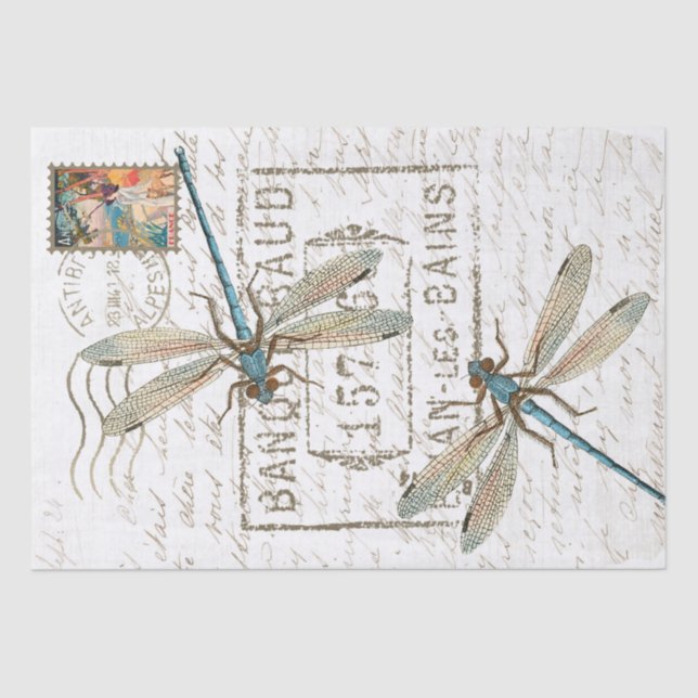 Papel De Seda Blue Dragonfly Script Postmark French Decoupage (Frente )