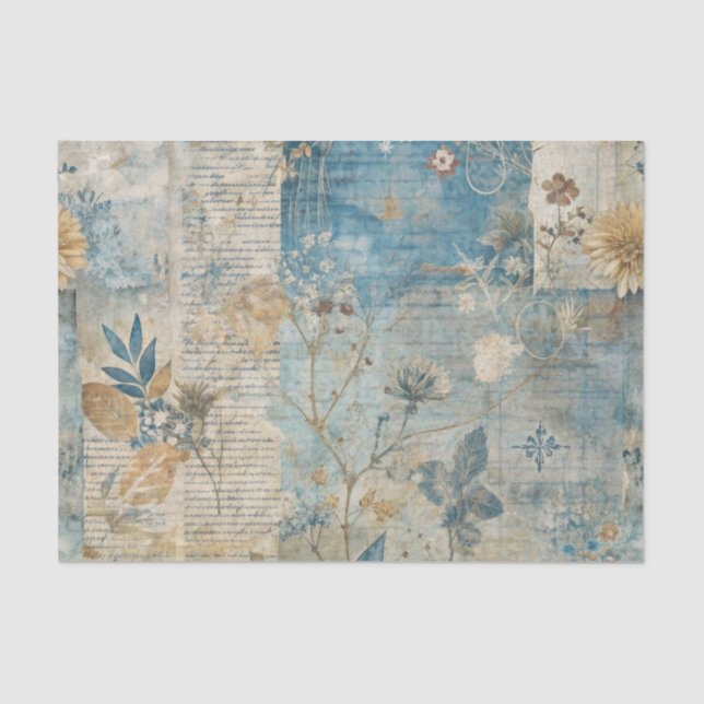 Papel De Seda Blue Grungy Distressed Floral Ephemera Collage (Frente )