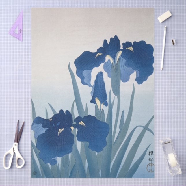 Papel De Seda  Blue Irises Painting by Ohara Koson Decoupage  (Arte )