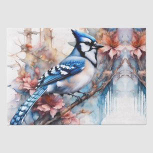 Papel De Seda Blue Jay Cherry Blossoms aquarela