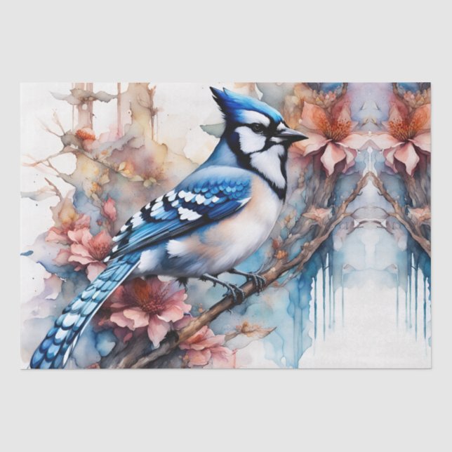 Papel De Seda Blue Jay Cherry Blossoms aquarela (Frente )