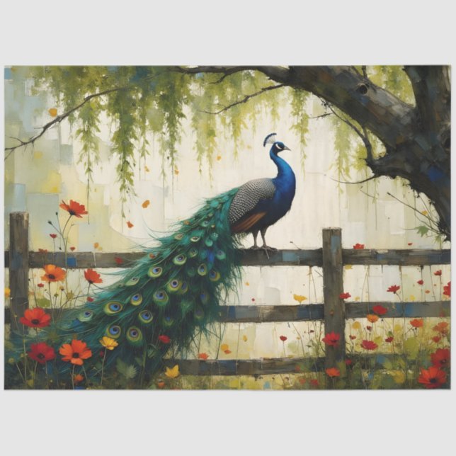 Papel De Seda Blue Peacock on Split rail fence (Frente )
