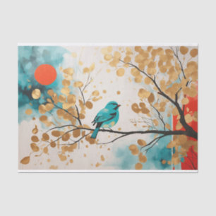 Papel De Seda Blue Songbird On Ouro Deixa Ramificação Da Árvore