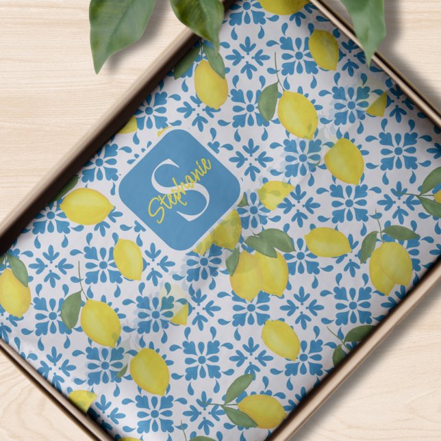 Papel De Seda Blue Tile French Country Lemon Pattern Monogram  (Criador carregado)