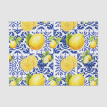 Blue White Lemon Tile Pattern Mediterranean Citrus
