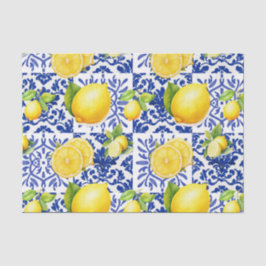Papel De Seda Blue White Lemon Tile Pattern Mediterranean Citrus