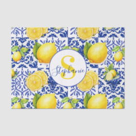 Papel De Seda Blue White Lemon Tile Pattern Monogram Name Citrus