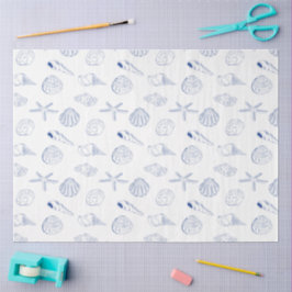 Papel De Seda Blue White Mand Drawn Sea Shels Beach Summer