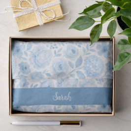 Papel De Seda Blue White Watercolor Floral Monogram Name