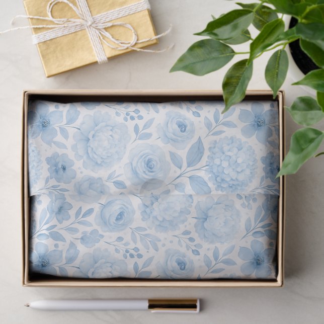 Papel De Seda Blue White Watercolor Floral Pattern (Presente)