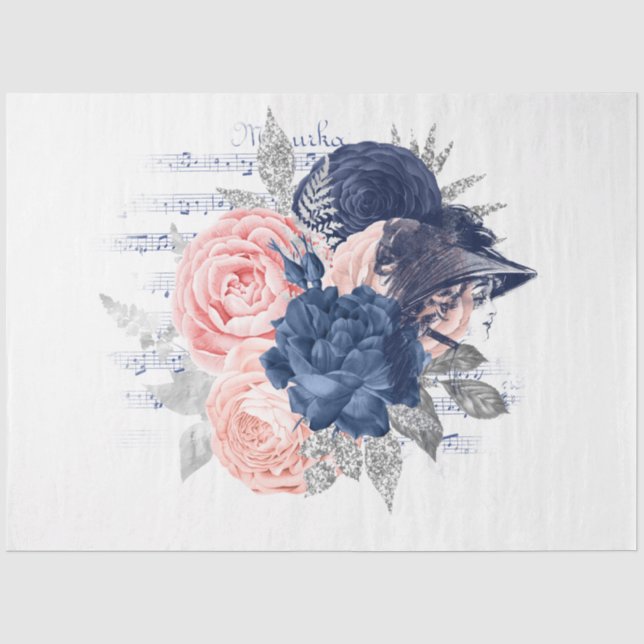 Papel De Seda Blush e Naval Série de Ephemera Floral Design 8 (Frente )