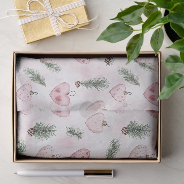 Papel De Seda Blush Pink Hearts Christmas Pine Cones (Presente)