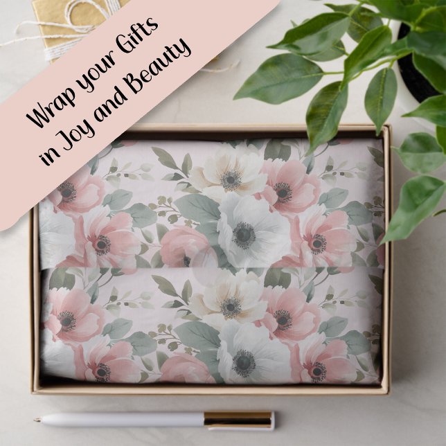 Papel De Seda Blush Rosa Creme Aquarela Floral  (Blush pink and white watercolor floral gift tissue paper)