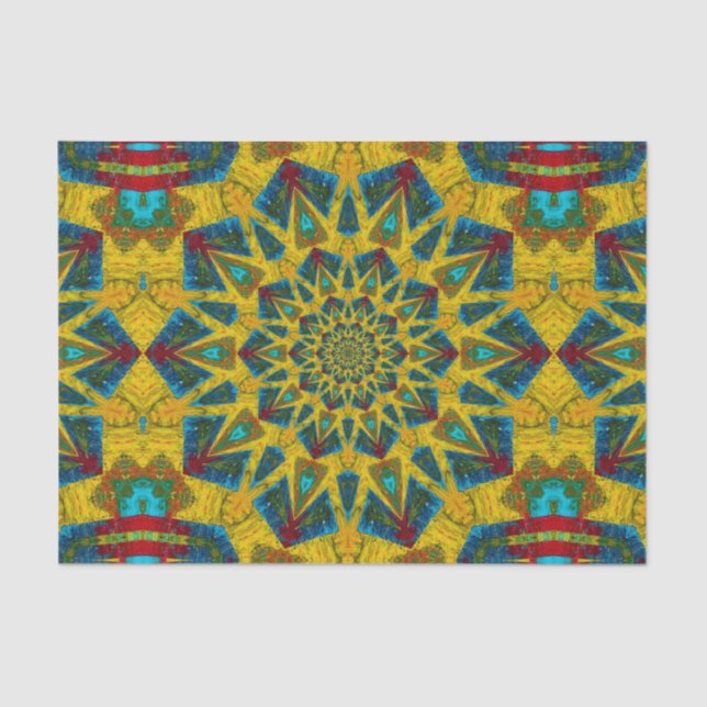 Papel De Seda Boêmia Hippie Azul Amarelo Amarelo Floral Tribal (Frente )