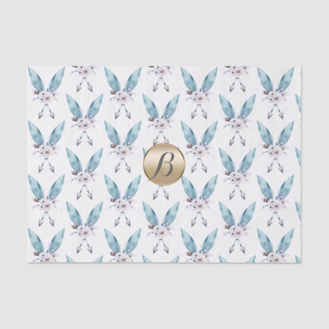 Papel De Seda Boêmio Azul Boho Monograma Personalizado com Pena (Frente )