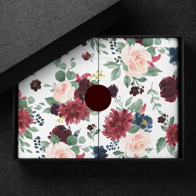 Papel De Seda Boho Bloom | Vermelho Borgonha e Floral Azul Marin (Criador carregado)