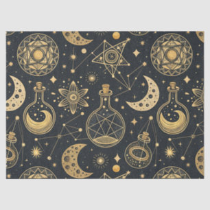 Papel De Seda Boho Celestial com Símbolos de Alquimia Dourados