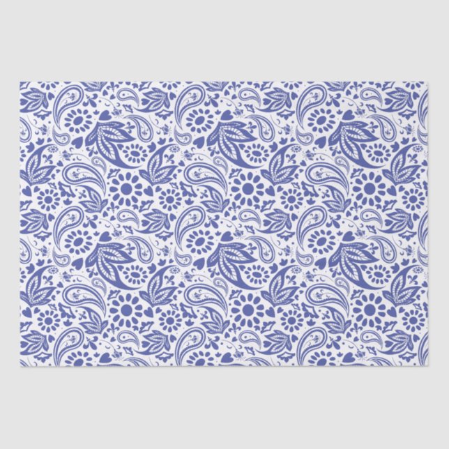 Papel De Seda Boho Chic Bonito Blue Paisley Patterno (Frente )