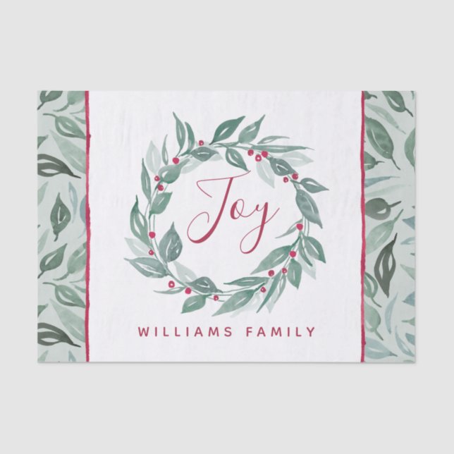 Papel De Seda Boho Greenery Wreath Red Berries Nome Feriado (Frente )