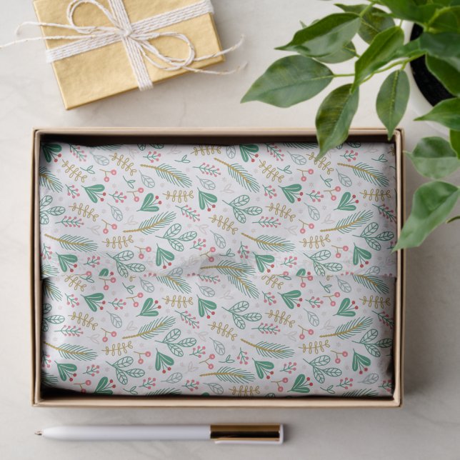 Papel De Seda Boho Pine Agulha Folha de Berries Padrão de Natal (Presente)