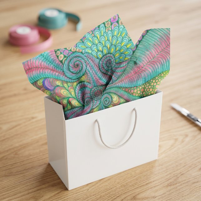 Papel De Seda Boho Verde-azulado e Rosa Arte Abstrata de Rabisco (Criador carregado)
