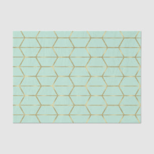Papel De Seda Boho Verde Menta Hexágono Dourado Geométrico Doce 