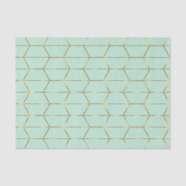 Papel De Seda Boho Verde Menta Hexágono Dourado Geométrico Doce  (Frente )