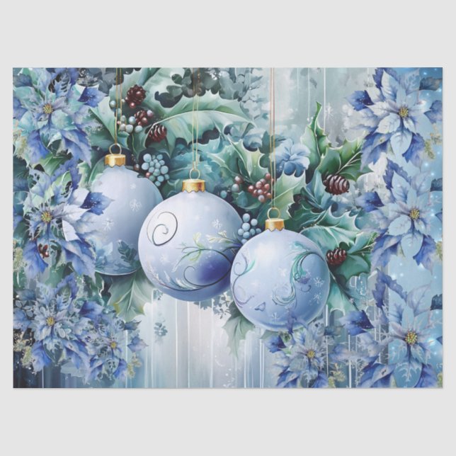 Papel De Seda Bolas de Natal Azuis Elegantes Decoupage Floral (Frente )