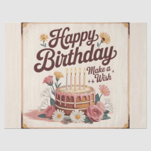 Papel De Seda Bolo Floral Vintage "Feliz Aniversário - Faça um D