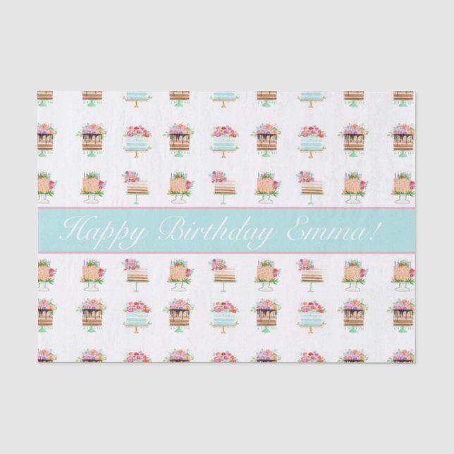 Papel De Seda Bolos de Aniversário Florais de Aquarela Personali (Frente )