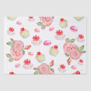 Papel De Seda Bolos doces e rosas de aquarela