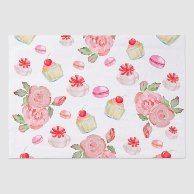 Papel De Seda Bolos doces e rosas de aquarela (Frente )