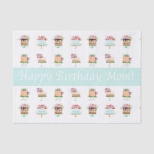 Papel De Seda Bolos Florais Aquarela Feliz Aniversário Mãe