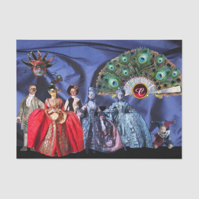 Papel De Seda BOMBAS ANTIGAS ITALIANAS, MASCARADA MÁSCARAS Azul (Frente )